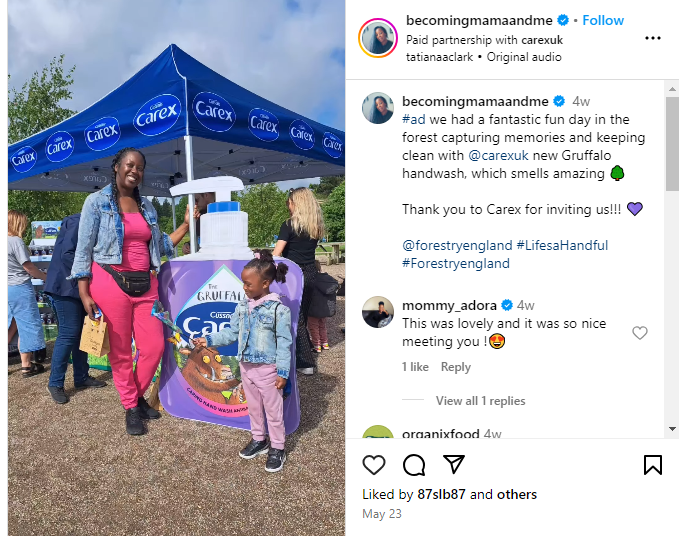 A sponsored post on the becomingmamaandme Instagram page promoting CarexUK