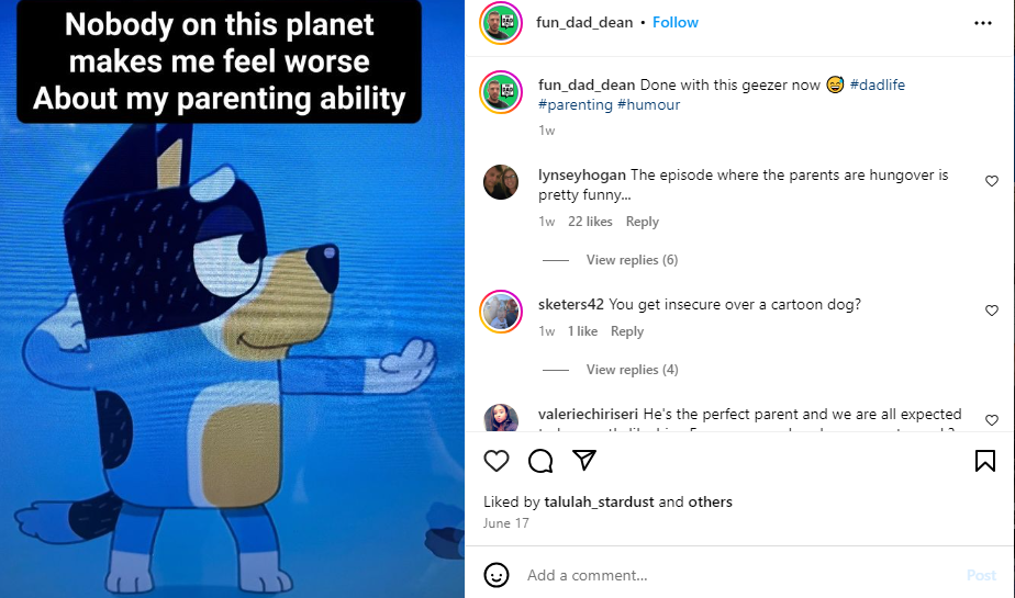 A comedic post about the Bluey TV show from the fun_dad_dean Instagram account
