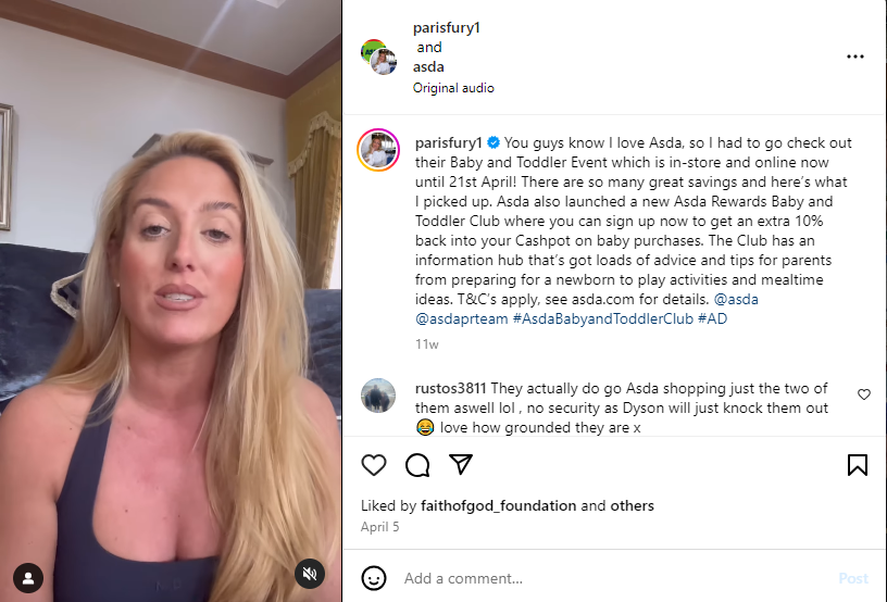 Paris Fury’s Instagram account, showing a recent AD partnership with Asda