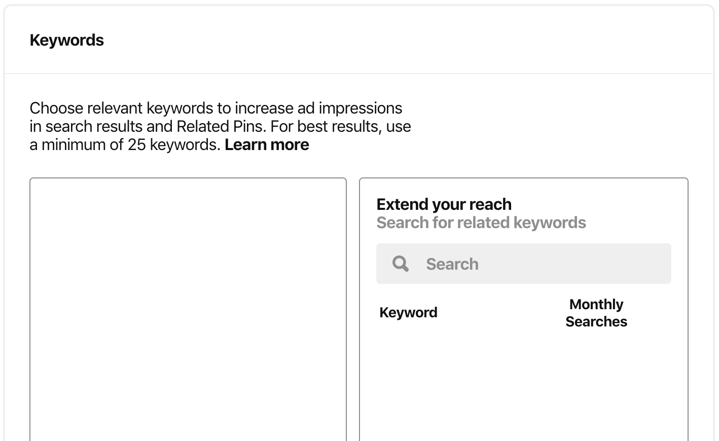 Pinterest's Keyword tool showing search bar where users find relevant keywords.