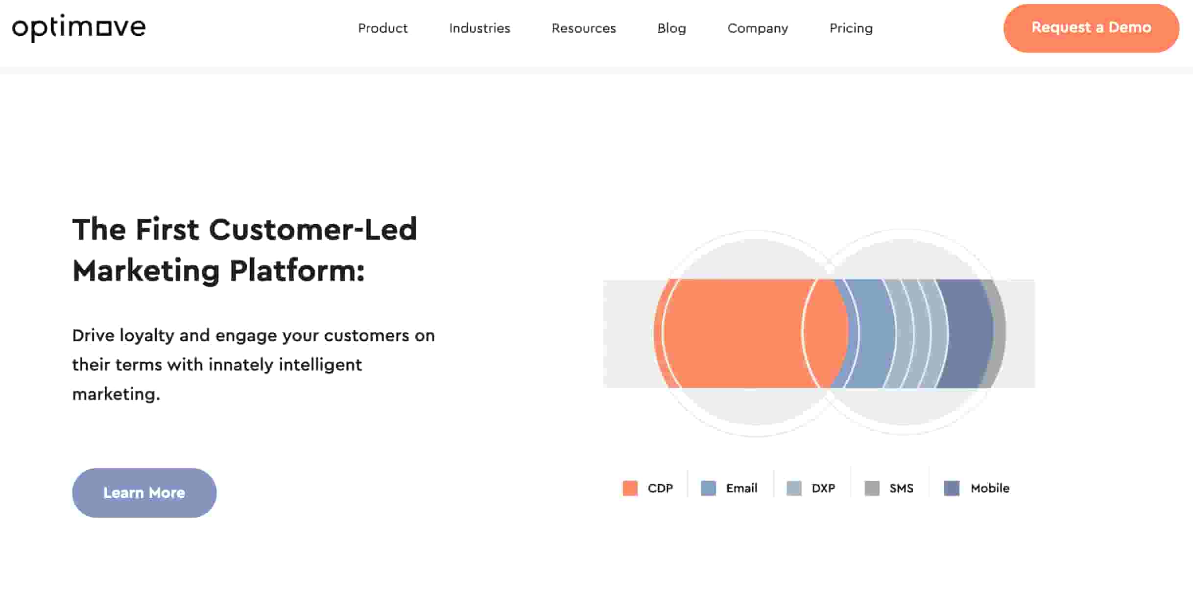 Optimove's homepage showing a product description, product preview and learn more button.