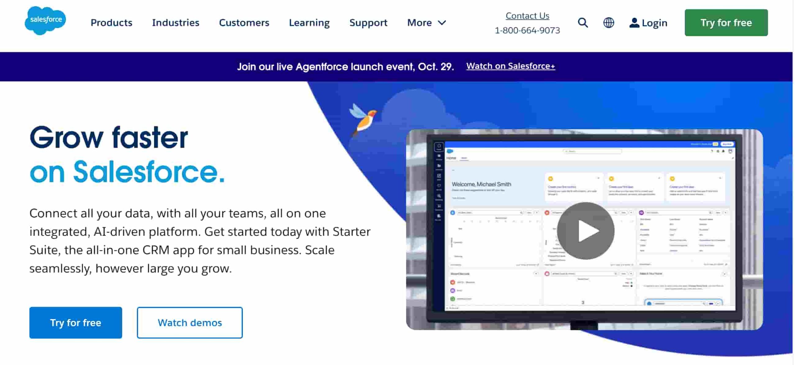 Salesforce homepage showing a trial button and product description and preview.