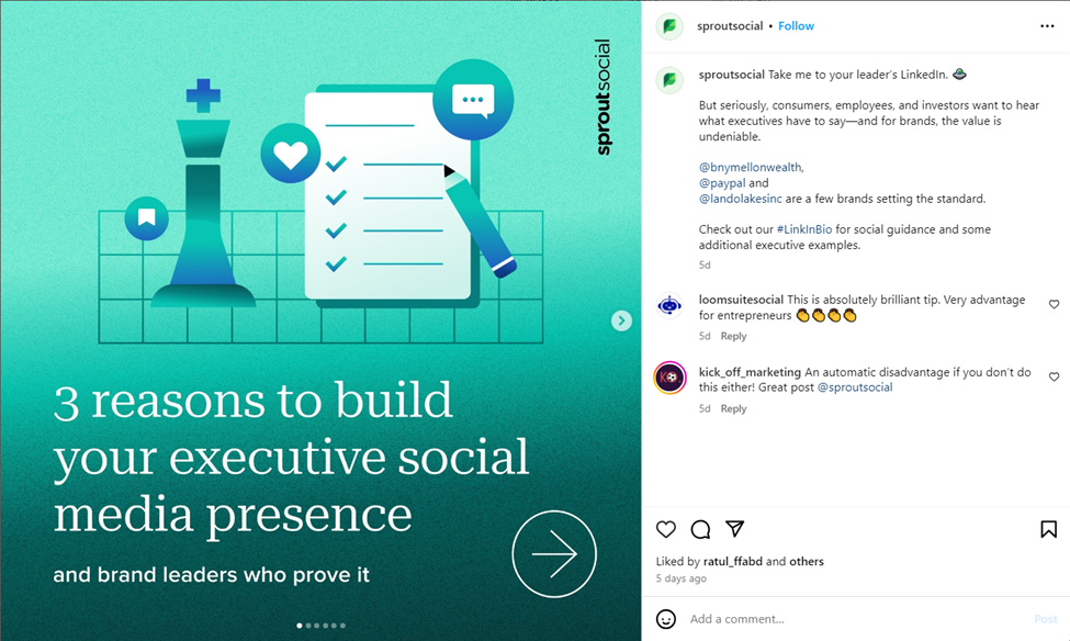 Sprout Social Instagram carousel of repurposed content
