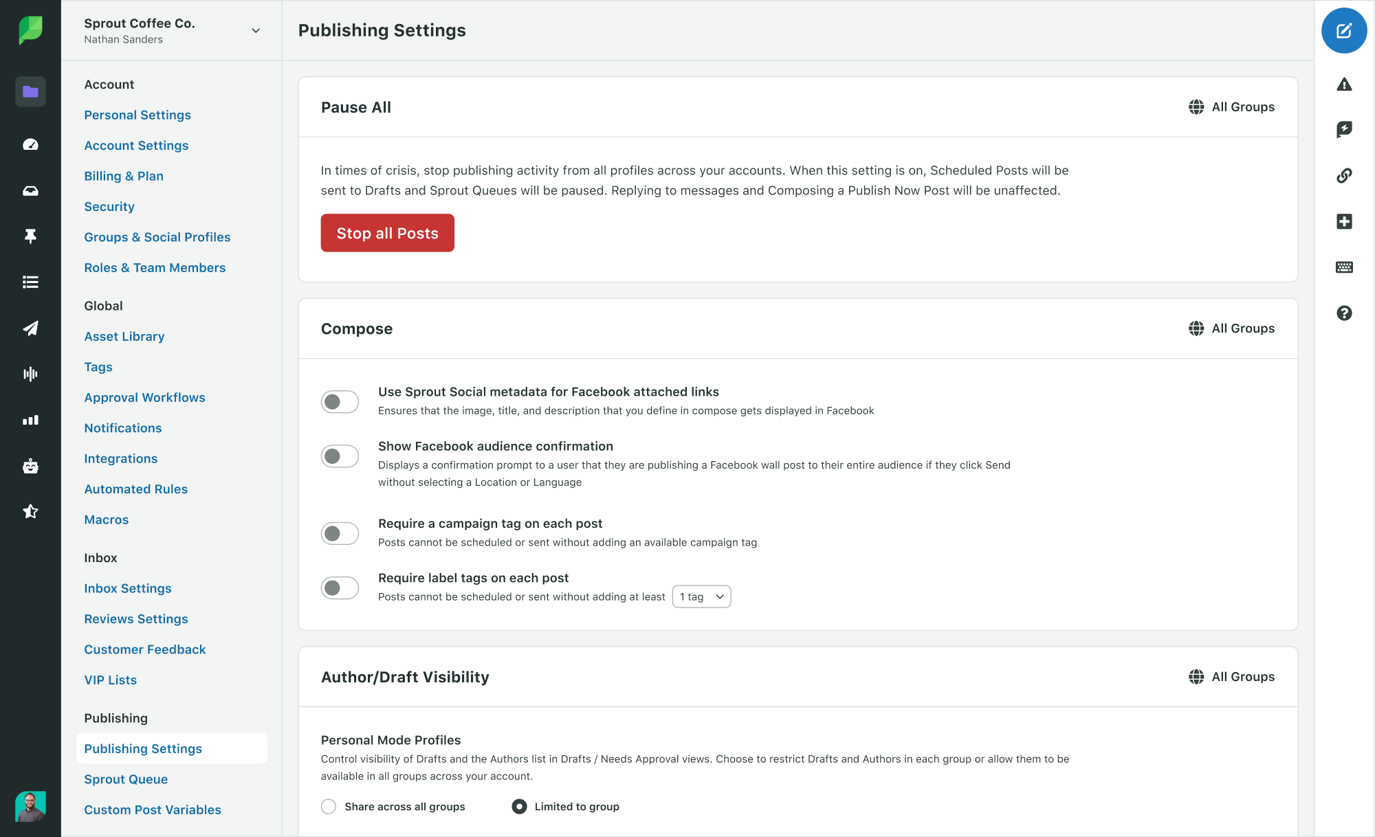 Sprout Social Publishing settings. 