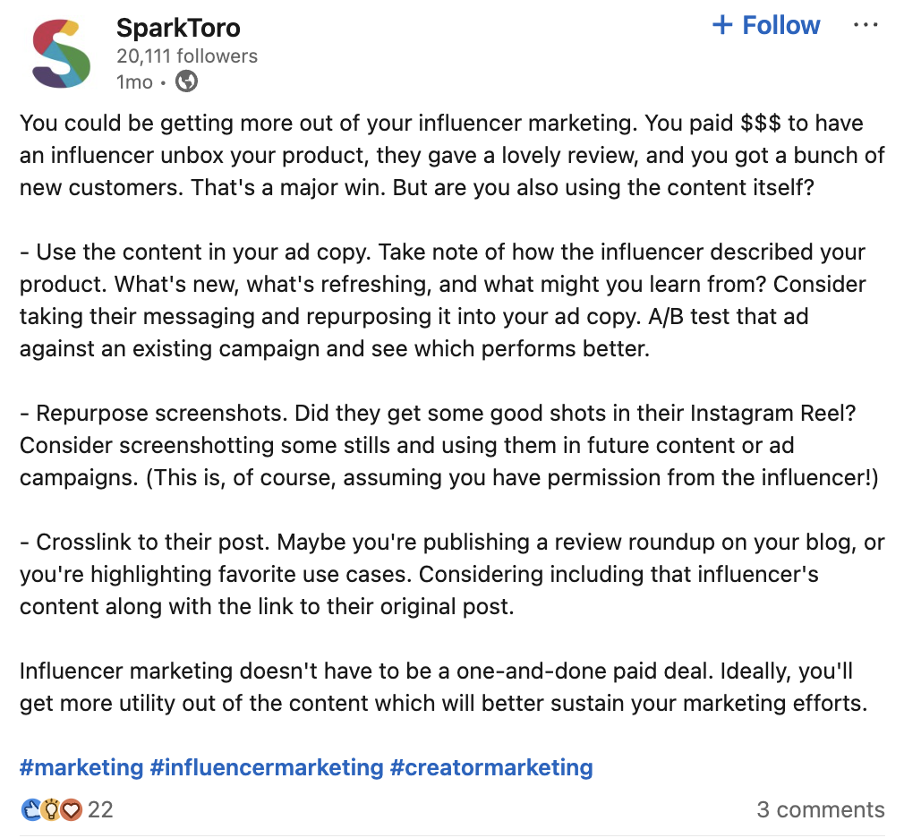 SparkToro uses LinkedIn hashtags as part of their content marketing strategy.