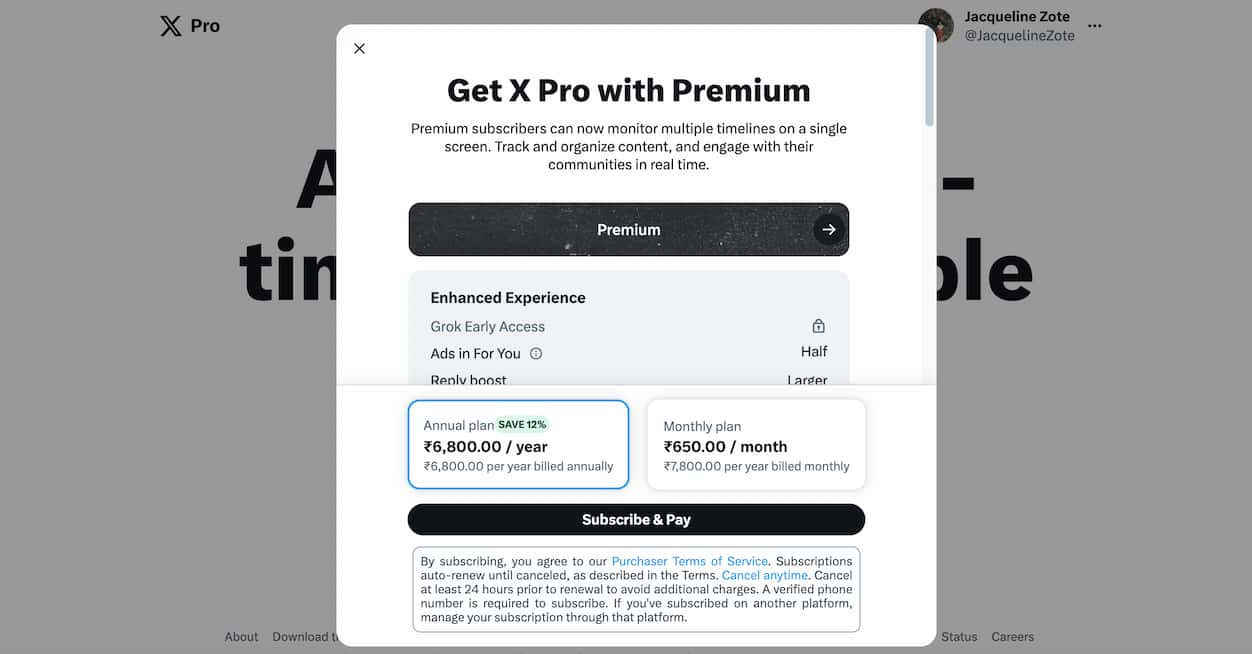 The X Premium signup popup window with text that reads "Get X Pro with Premium" and a list of features
