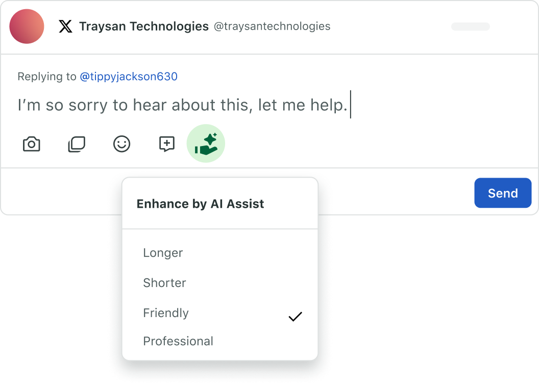 Sprout Social’s Enhance by AI Assist feature enables you to transform the tone of a social media message.