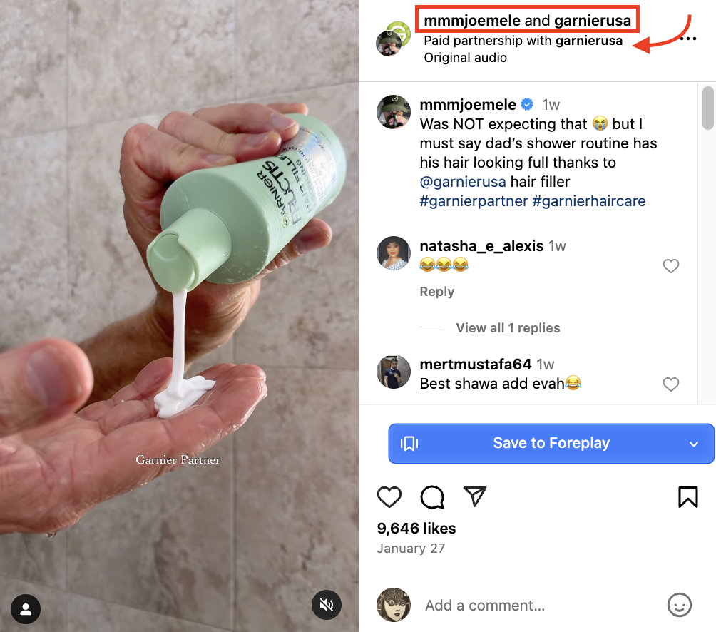 Instagram collab post between Garnier and Joe Mele with a paid partnership tag and featuring a hand pouring a bottle of Garnier product into another hand 