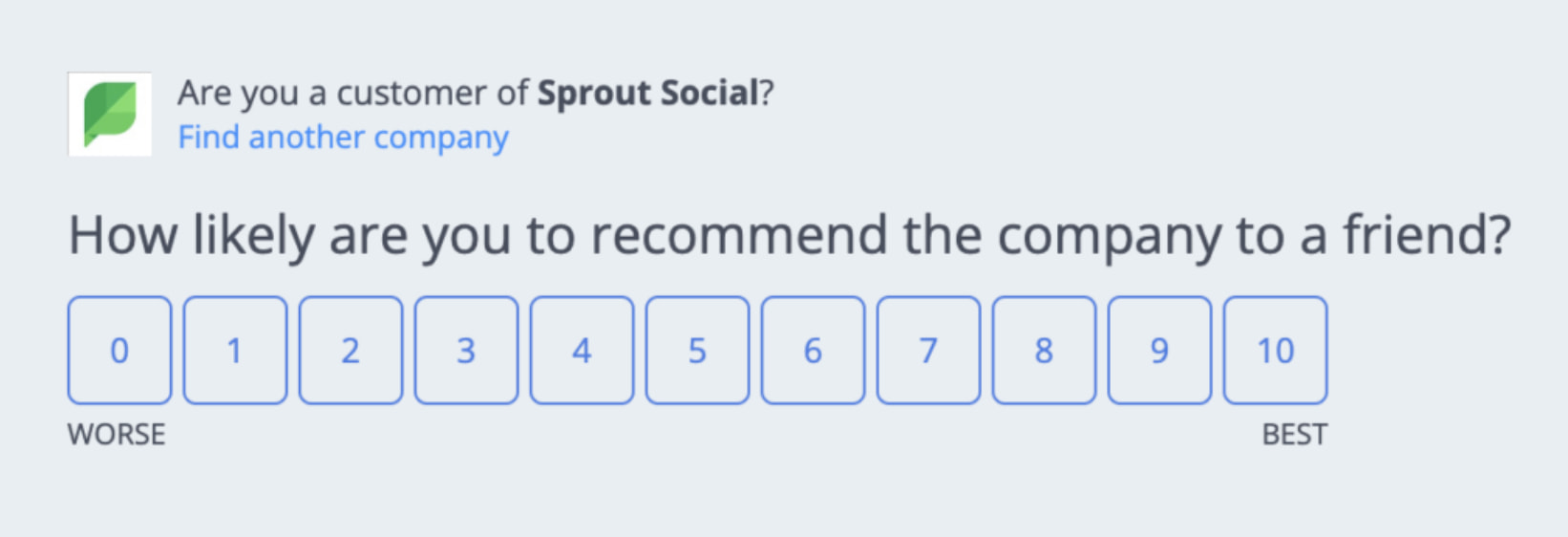 Sprout Social NPS survey with a 0-10 rating scale.