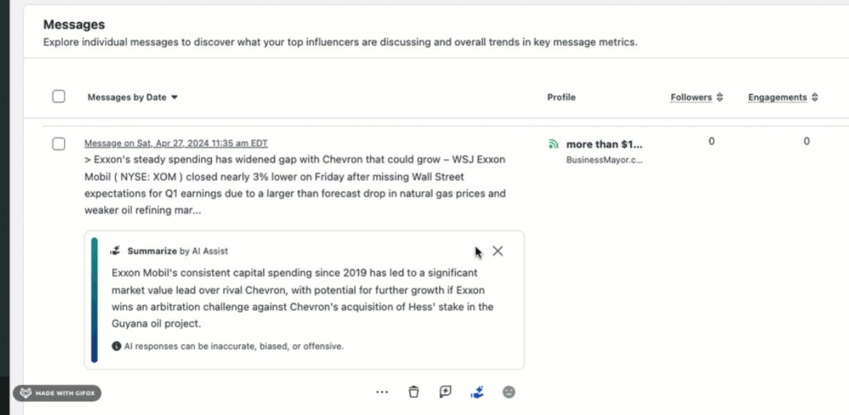 Sprout Social's message analysis interface showing an AI-generated summary of a news article about Exxon Mobil's capital spending and market value lead over Chevron.