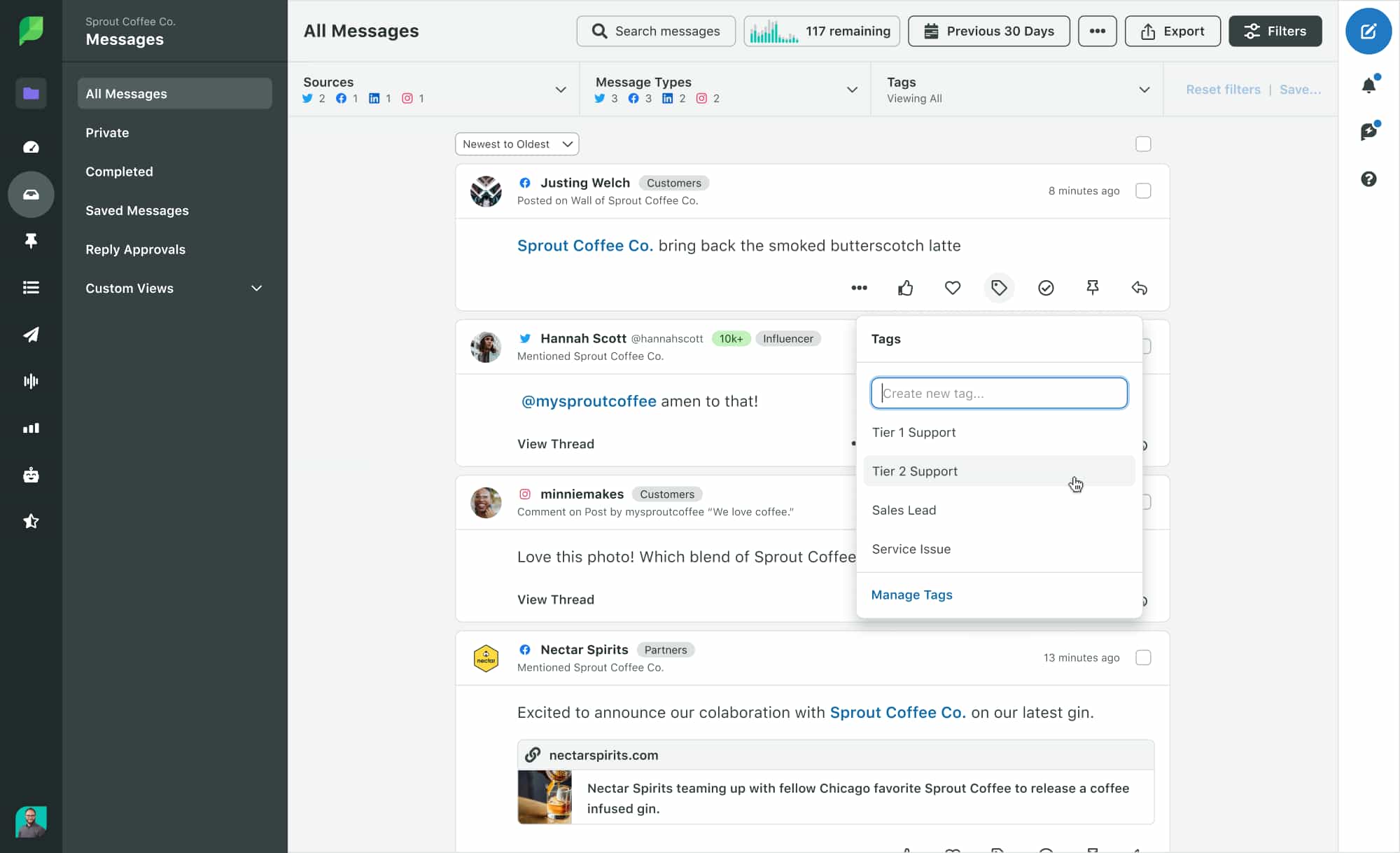 Sprout Social's Smart Inbox user interface and capability for tags for different team focuses