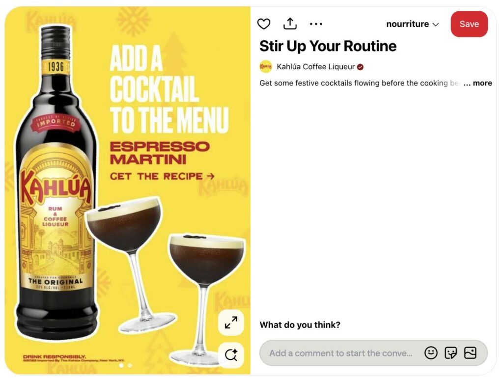 A Pinterest Pin featuring the brand Kahlua and a link to making festive cocktails