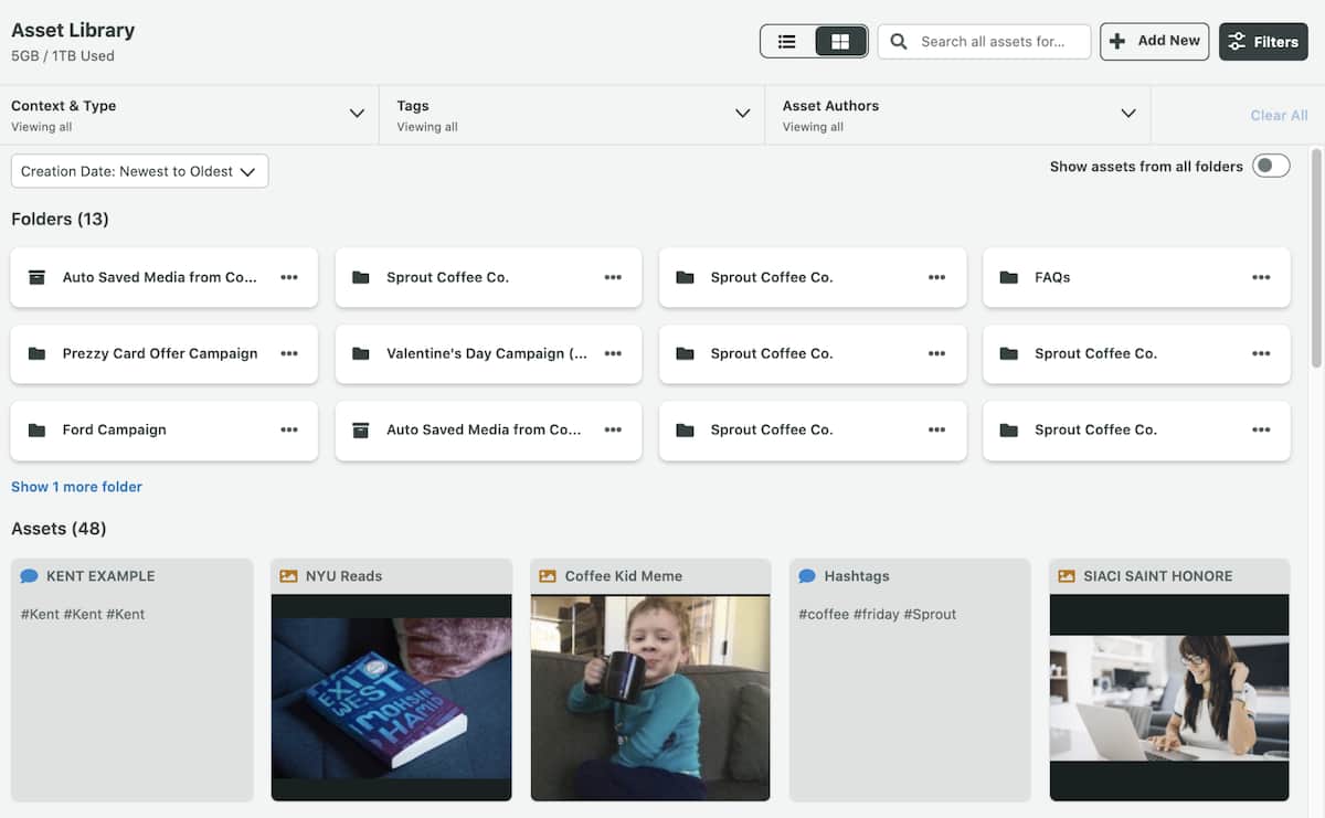 Sprout Social’s social media Asset Library for Sprout Coffee Co. featuring memes, images and more