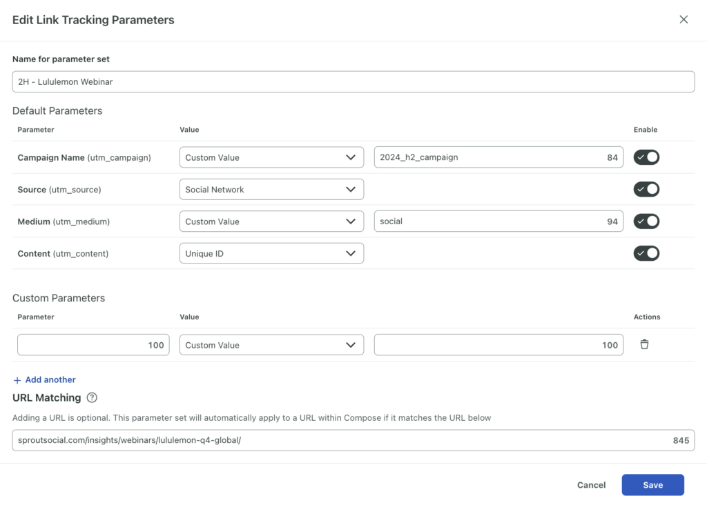 The setup of a YouTube parameter set for Lululemon Webinar in the Sprout Social Edit Link Tracking Parameters screen