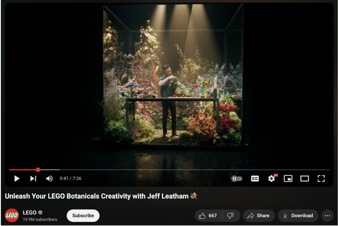 A YouTube video of Jeff Leatham arranging LEGO Botanicals for a LEGO creativity campaign.