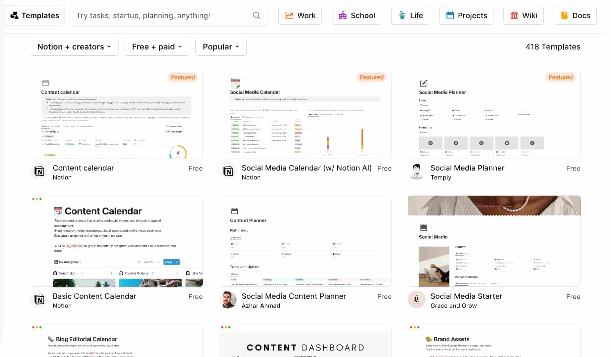 Templates for social media content calendars on Notion's website.