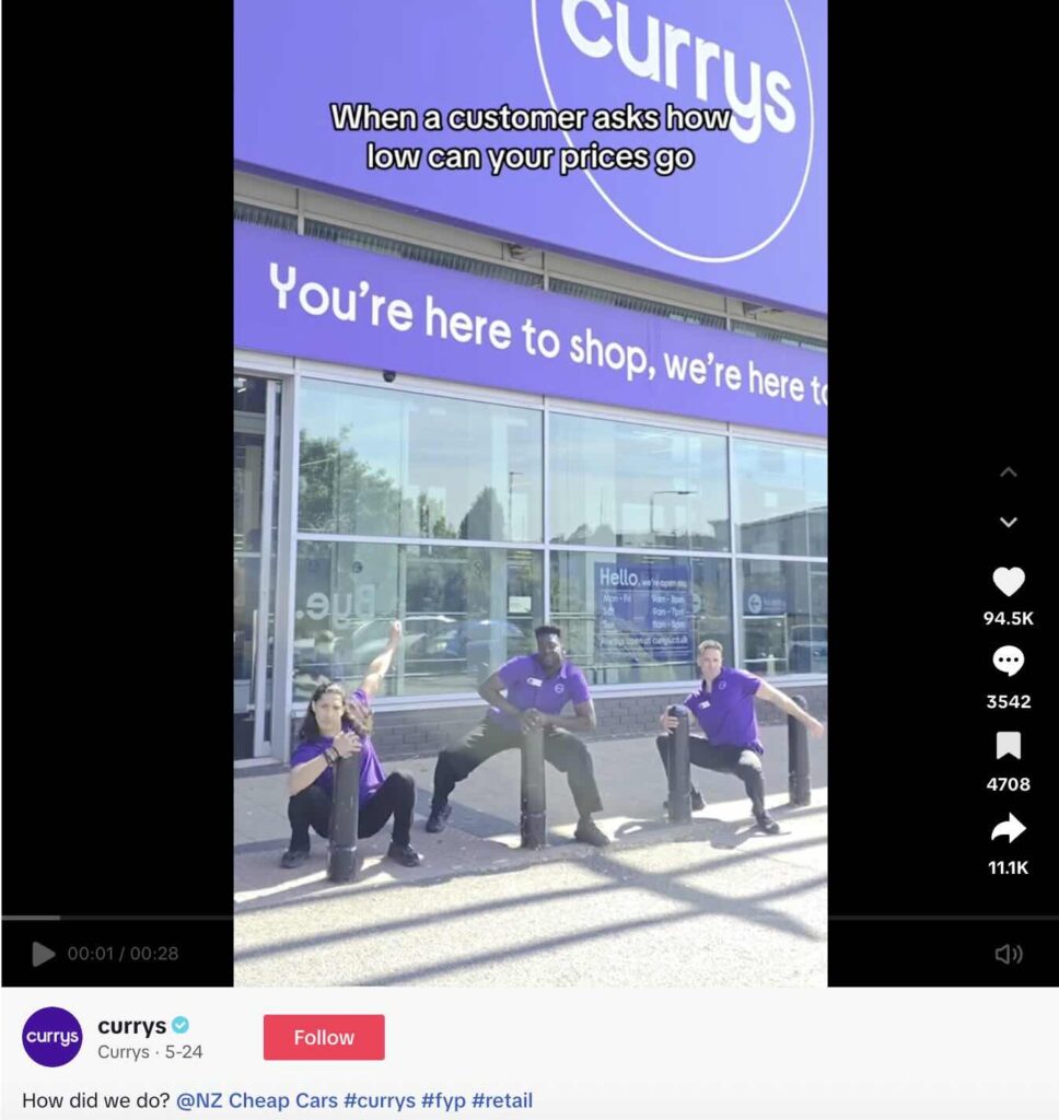 A TikTok video from Currys where their team "drops it low" while a text overlay reads when a customer asks how low your prices go