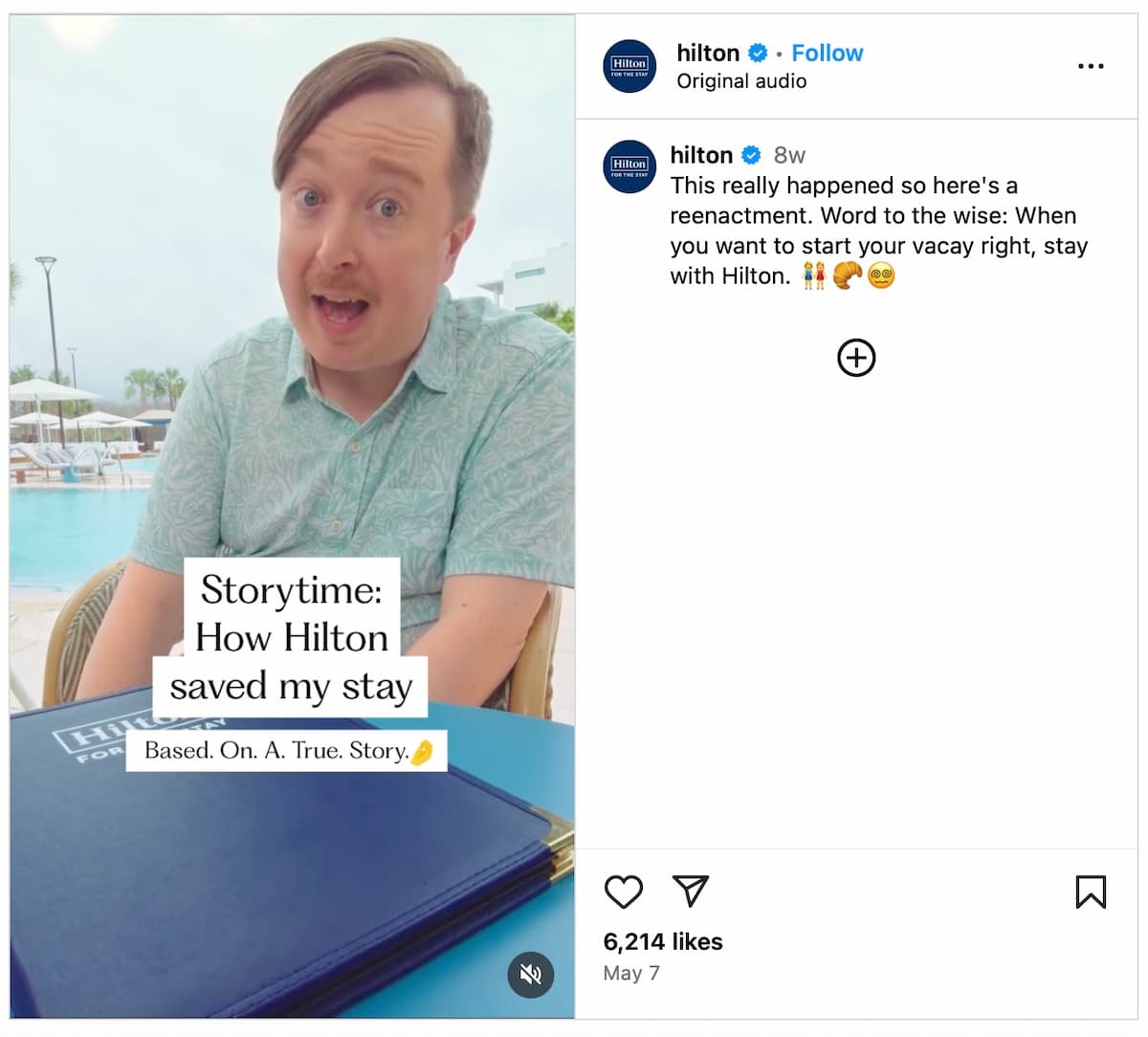 An Instagram Reel from Hilton from their "Saves My Stay" campaign which follows a real customer reenacting their scary experience at a boutique hotel.
