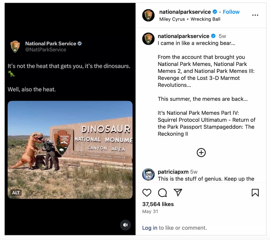 An Instagram Reel from the National Park Service that offers their viewers warnings in the form of hilarious puns