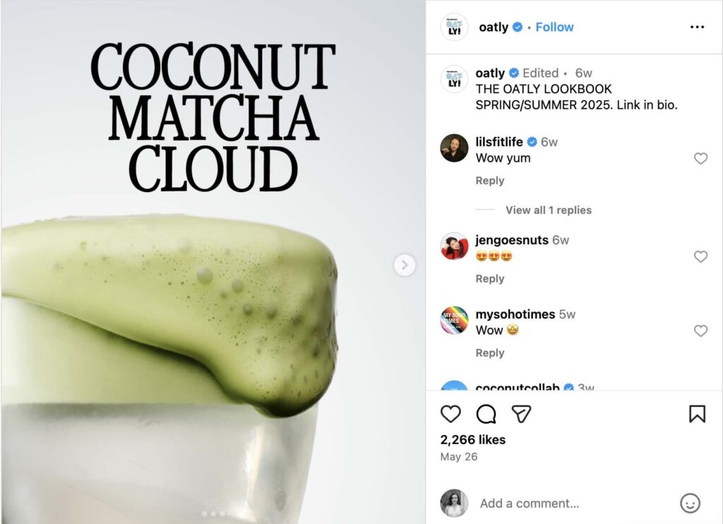 An Instagram post from Oatly with a green foamy beverage overflowing from a cup, with coconut matcha cloud text overlayed