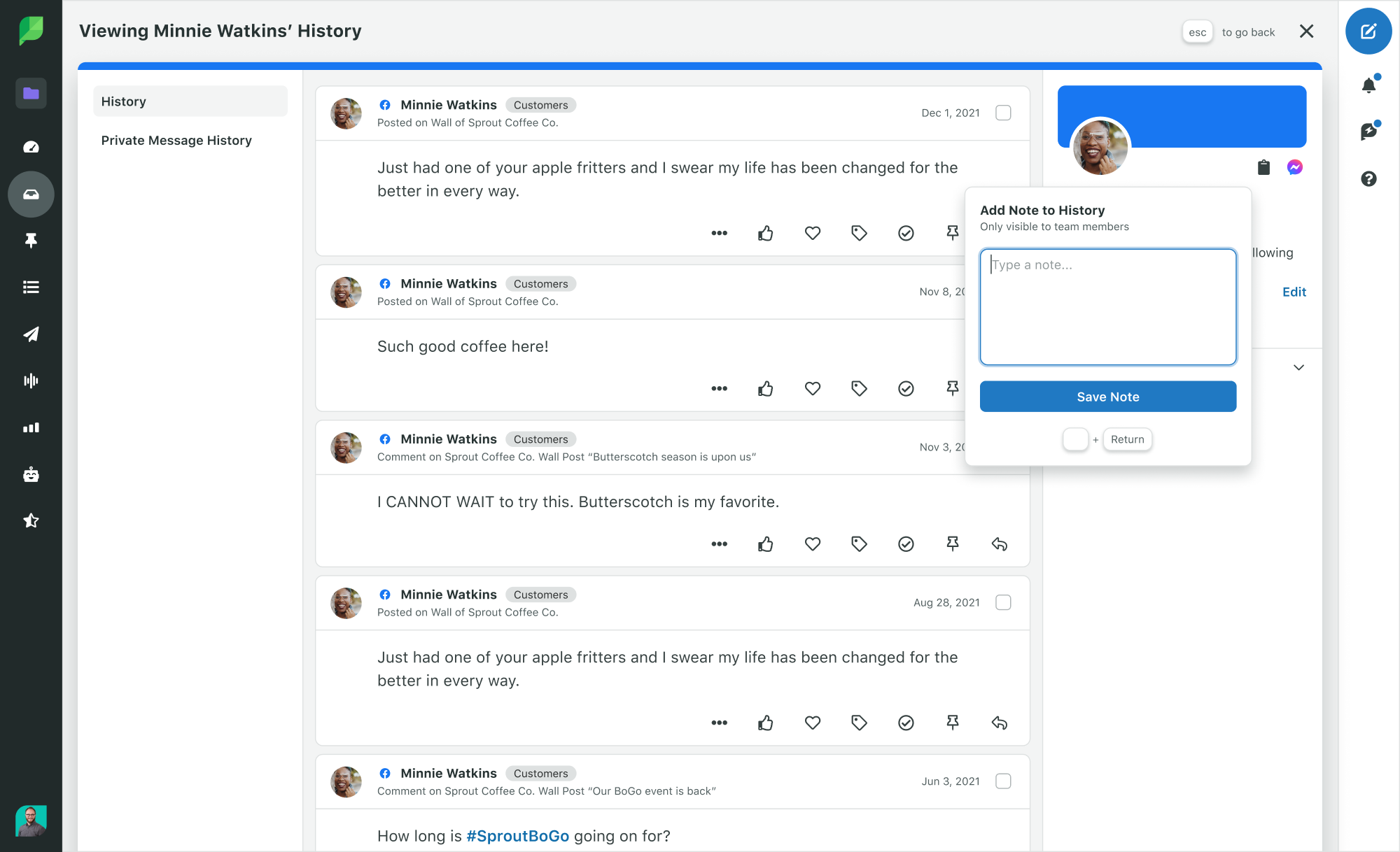 A screenshot of the Sprout Social desktop app. A contact profile is open, displaying interactions between a brand and a Facebook user named Minnie Watkins. The Add Note window is open on the contact profile.
