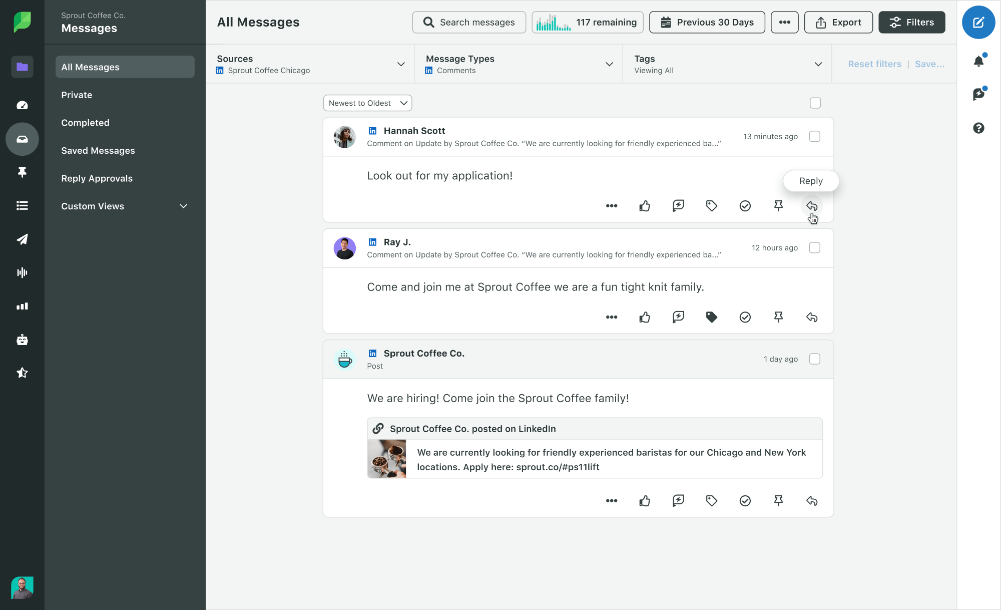 Sprout Social-Produktbild zeigt die Engagement Smart Inbox, in der alle LinkedIn-Filter und das Antwortfeld ausgewählt sind.​​ 