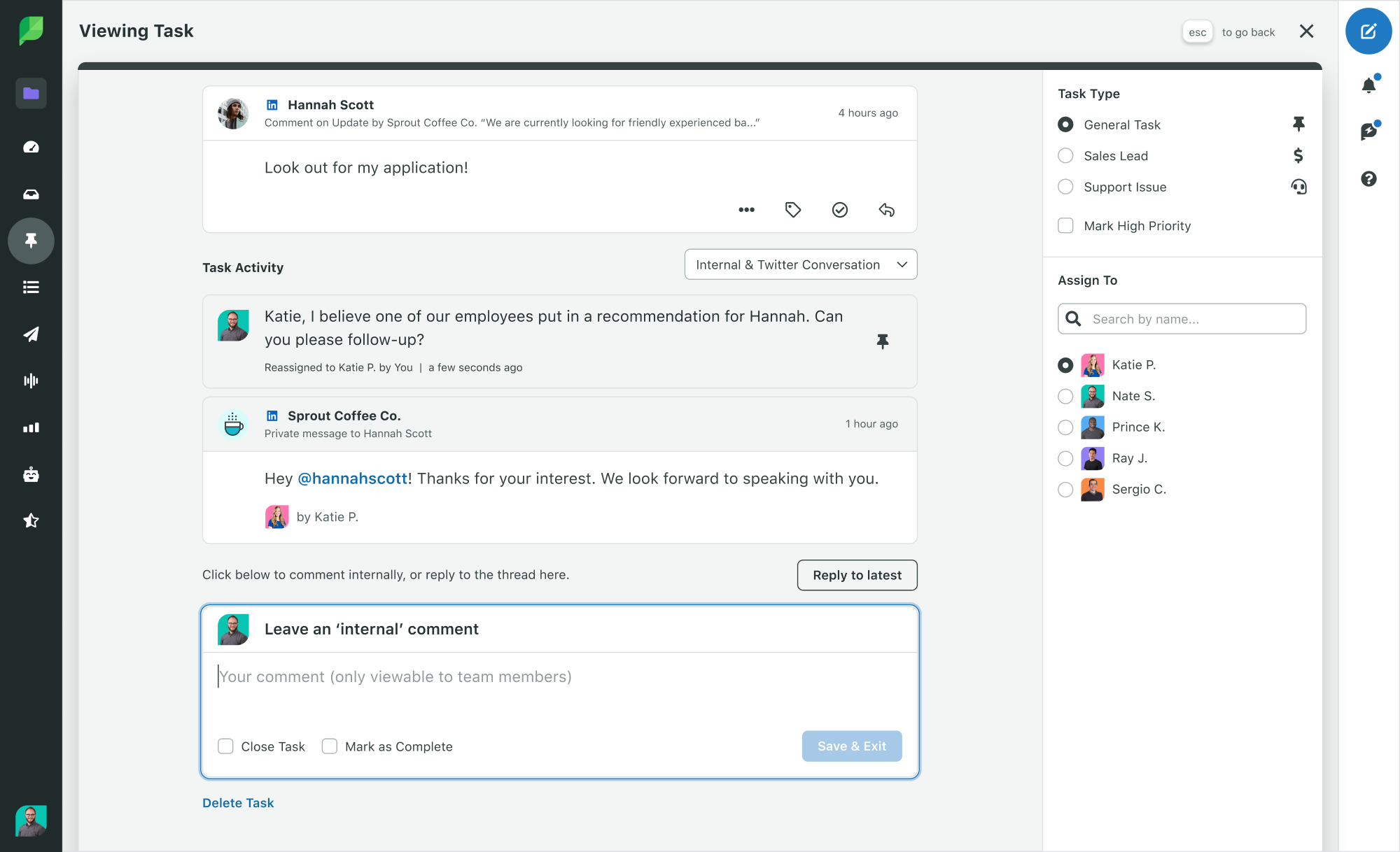 Sprout Social-Produktbild zeigt die Engagement-Aufgaben mit dem Aktivitätenverlauf von LinkedIn.​​ 