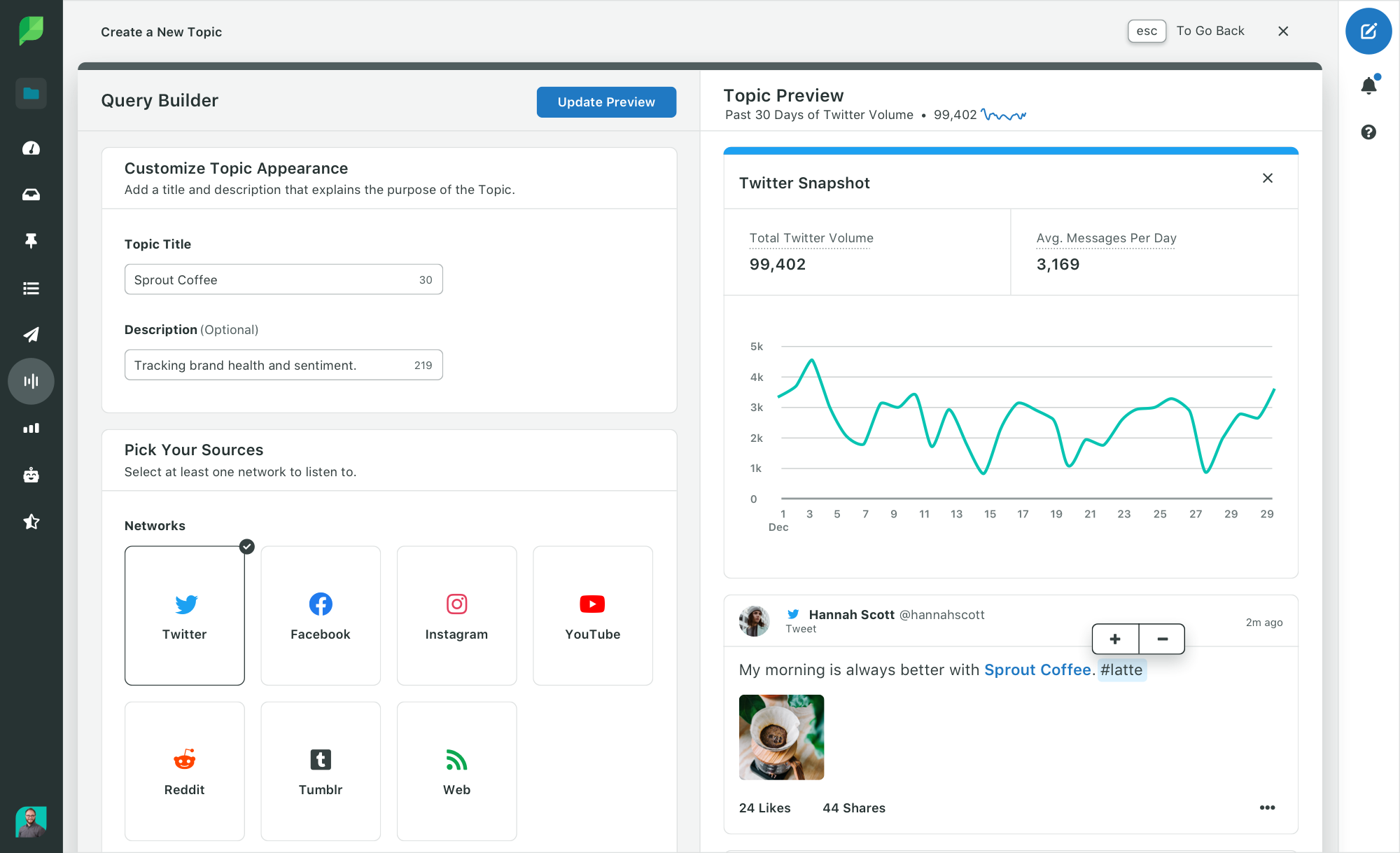 A screenshot of Sprout's social listening topic builder.