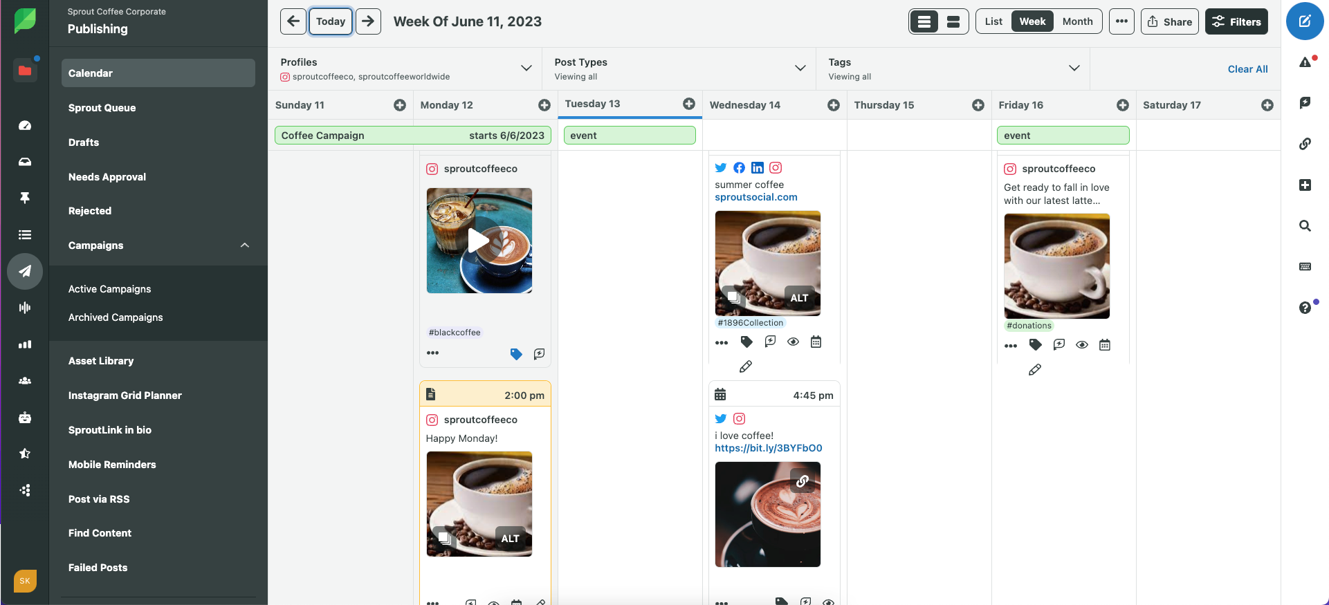 Sprout Social's publishing calendar